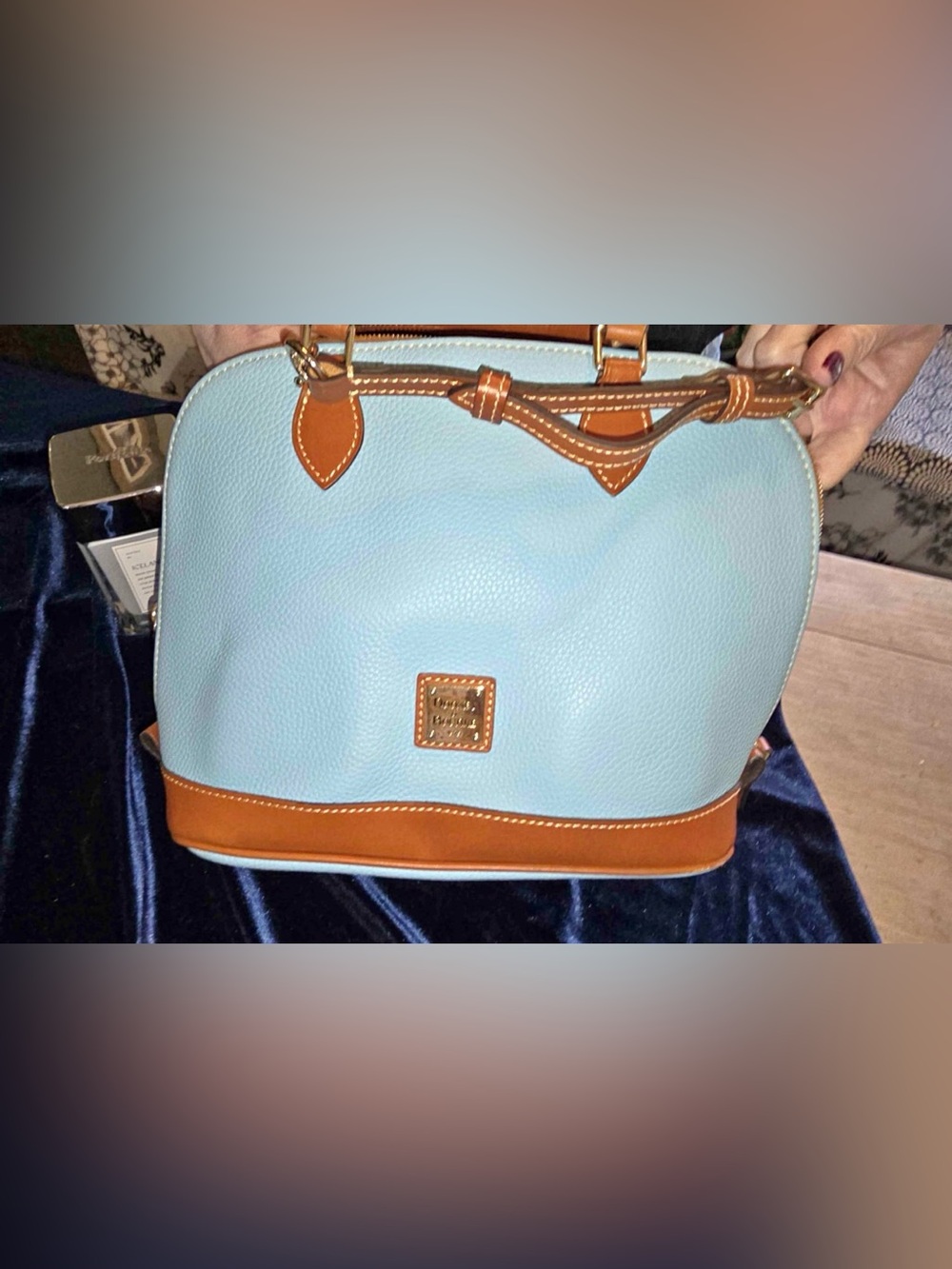 Dooney & Bourke Light Blue and Tan Pebbled Leather Dome Satchel